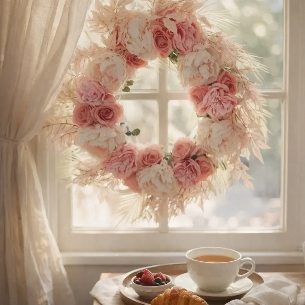 Whispy palm fronds beachy blooming tropical blush + coral grapevine wreath